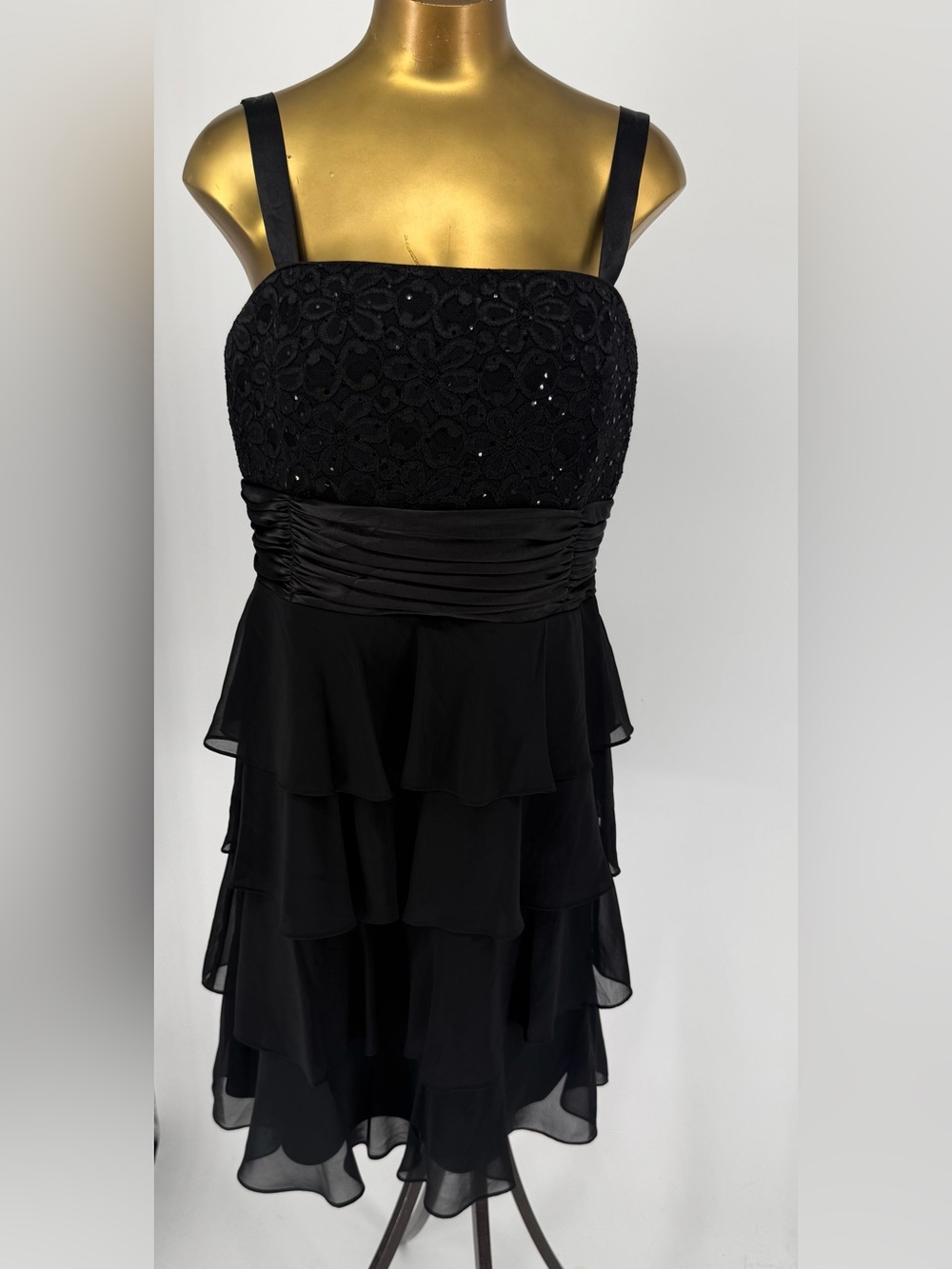 R&M Richard’s Black Tiered Cocktail Dress with Lace Bodice Size 16